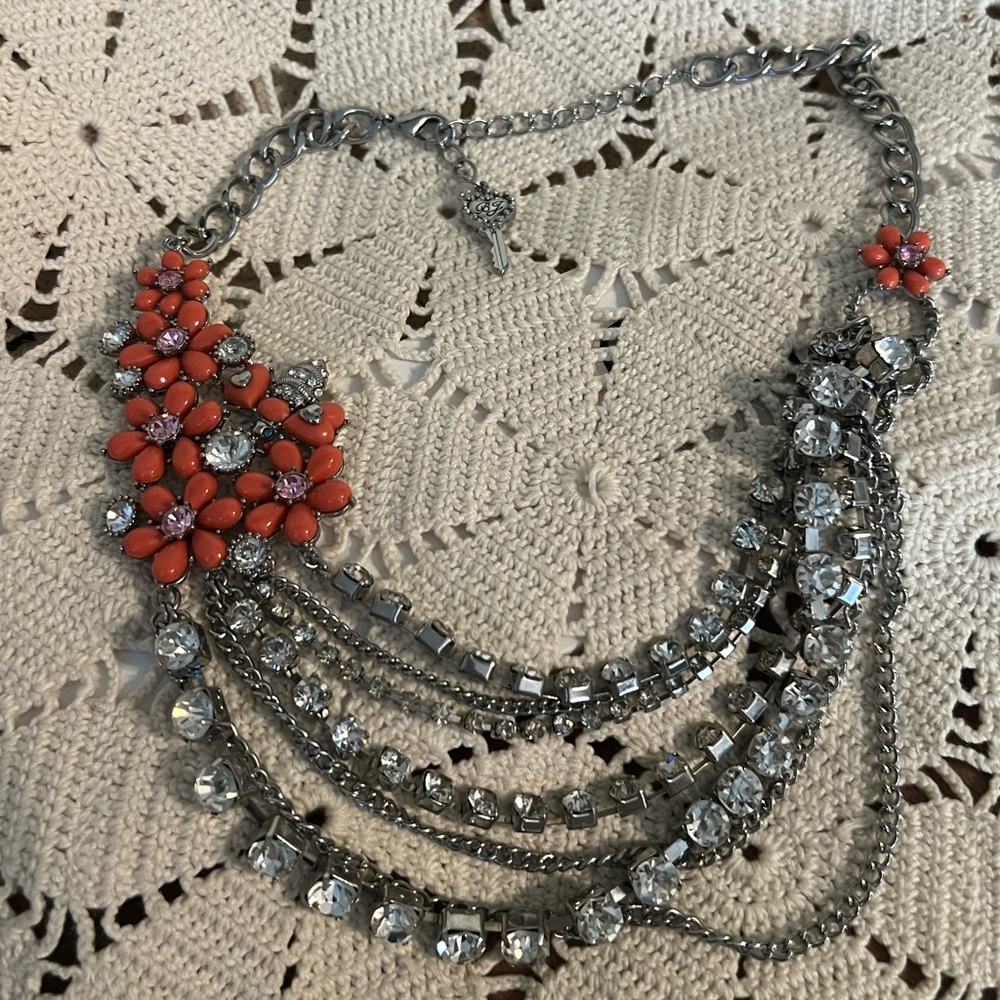Betsey Johnson coral orange glam multi strand necklace statement piece glamour